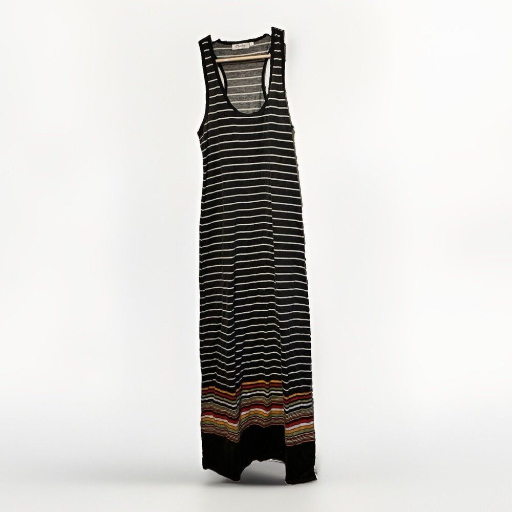 Chesley Women’s L Black White Striped Racerback Maxi Dress Colorful Hem Boho